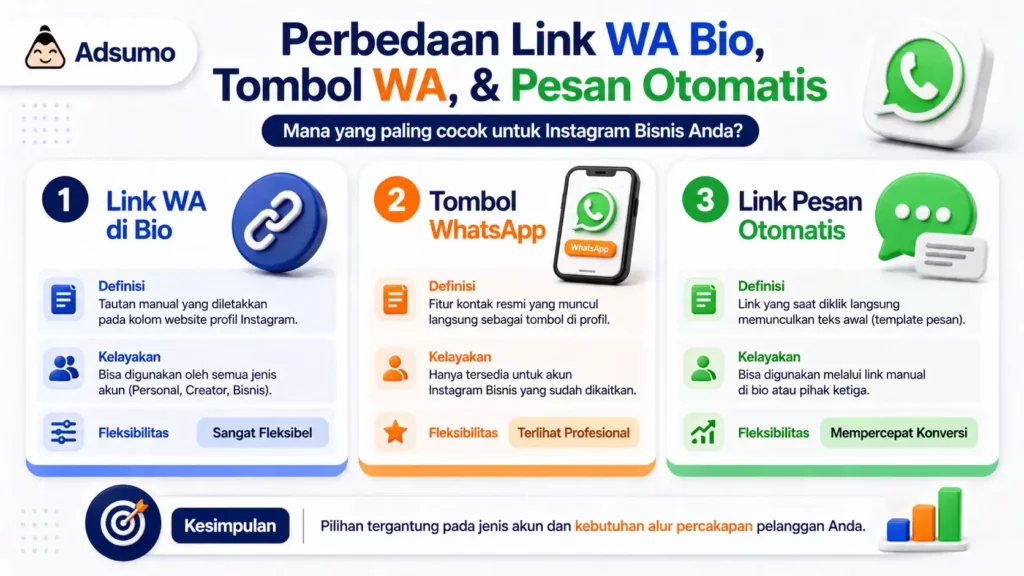 Perbedaan link WA di bio, tombol WhatsApp, dan link dengan pesan otomatis